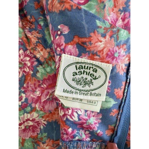 VTG 80s Laura Ashley Dress US 8 Blue Floral Fit Flare Strapless Sundress Pockets - Picture 8 of 10